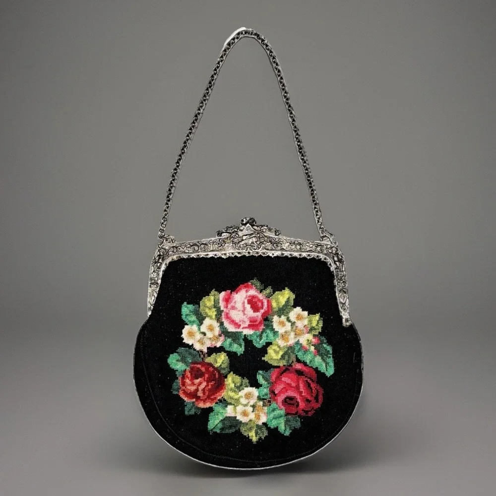 1920s Needlepoint Purse Floral Rose Silver Repousse Frame Micro Petit Point